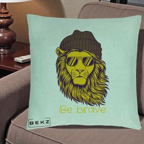 Perna Decorativa Leu Hipster Be Brave, 40x40 cm, Verde Menta, Husa Detasabila, Perna Inclusa, BEKZ®