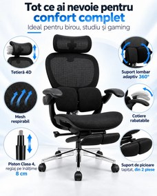 Scaun ergonomic MORATTI D5, Suport lombar dual 360°, Tetieră 4D, Șezut Zero-Pressure Frameless Mesh, Cotiere Flip-Back 4 poziții, Reclinare 135°, Suport picioare, Negru