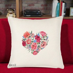 Perna Decorativa Inima din Bujori Acuarela, 40x40 cm, Crem Reliefat, Husa Detasabila, Perna Inclusa, BEKZ®