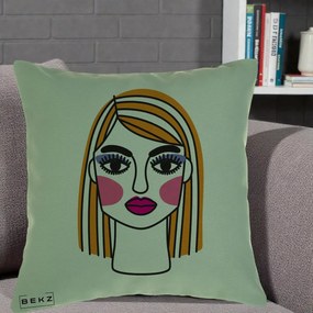 Perna Decorativa Portret Pop Art Fata, 40x40 cm, Verde, Husa Detasabila, Perna Inclusa, BEKZ®