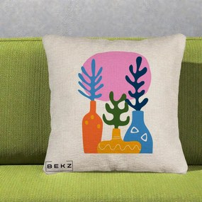 Perna Decorativa Vaze Botanice Abstract, 40x40 cm, Bej Canapea, Husa Detasabila, Perna Inclusa, BEKZ®