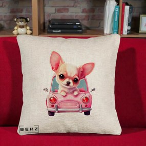 Perna Decorativa Chihuahua Roz in Masinuta, 40x40 cm, Bej Canapea, Husa Detasabila, Perna Inclusa, BEKZ®
