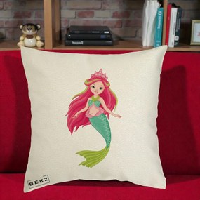 Perna Decorativa Sirena Roz cu Coroana, 40x40 cm, Ecru, Husa Detasabila, Perna Inclusa, BEKZ®