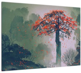 Tablou pe sticlă - Copacul roșu singuratic (70x50 cm)