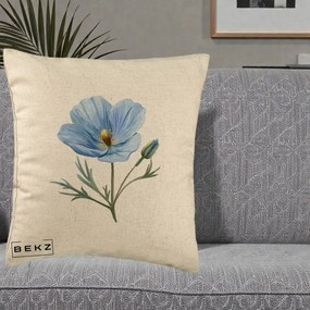 Perna Decorativa Mac Albastru Acuarela, 40x40 cm, Bej, Husa Detasabila, Perna Inclusa, BEKZ®