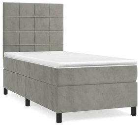 3143001 vidaXL Pat box spring cu saltea, gri deschis, 90x200 cm, catifea