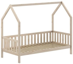 Pat copii pentru camera copil tip CASĂ CABANE CU GARD 90 X 200 CM NATURAL