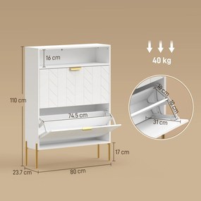 HOMCOM Dulap pentru pantofi 16 perechi, dulap îngust cu 2 sertare rabatabile, compartiment deschis, alb | Aosom Romania