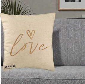 Perna Decorativa Love Caligrafie Aurie, 40x40 cm, Bej, Husa Detasabila, Perna Inclusa, BEKZ®