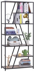 HOMCOM Biblioteca cu 9 Rafturi Trapezoidale Deschise Lemn, Atirasturnare, Cadru din Metal, Negru, 100x30x182cm