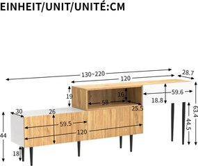 Comodă TV cu lungime reglabilă, design modular 2-piese, 130-220L x 30P x 63,4Î cm, Culoare naturală