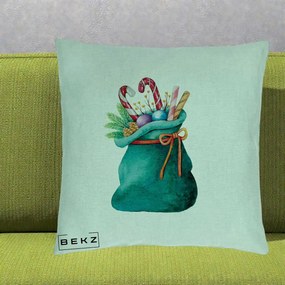 Perna Decorativa Saculet Cadouri Mos Craciun Acuarela Verde, 40x40 cm, Verde Menta, Husa Detasabila, Perna Inclusa, BEKZ®