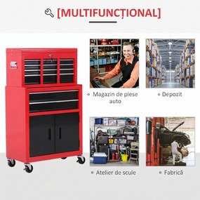 HOMCOM Cutie pentru Unelte pe Roți cu 6 Sertare, 2 în 1, Dulap Spațios cu Încuietoare, Metal, Roșu | Aosom Romania
