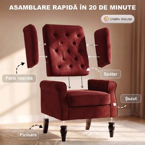 HOMCOM Fotoliu pentru Dormitor din Catifea Ice Velvet, cu Șezut Amplu și Picioare din Lemn de Eucalipt, Roșu Vișiniu | Aosom Romania