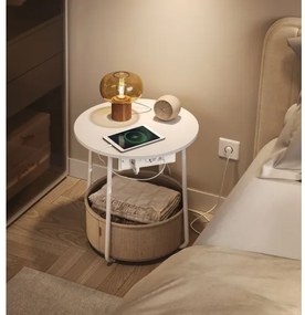 Masă laterală NOIRA, bej/alb, cu prize și porturi USB încorporate