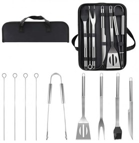 Set 9 ustensile gratar din inox HouseXL BBQ, Cu geanta transport inclusa, Cleste, Spatula, Furculita, Cutit, Perie gratar si Frigarui