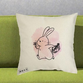 Perna Decorativa Iepuras Kawaii cu Cosulet Floral, 40x40 cm, Ecru, Husa Detasabila, Perna Inclusa, BEKZ®