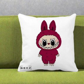 Perna Personalizata Labubu Rosu-Visiniu Solo, 40x40 cm, Alba Mata, Husa Detasabila, Perna Inclusa, BEKZ®