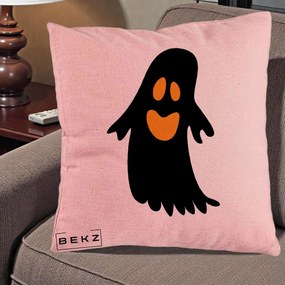 Perna Decorativa Halloween Fantoma Neagra cu Ochi Portocalii, 40x40 cm, Roz, Husa Detasabila, Perna Inclusa, BEKZ®