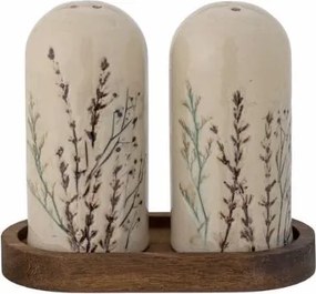 Set solniță și pipernița din ceramică, natur, cu ilustrații botanice pictate manual, cu suport din lemn de acacia, 12.5x5.5x11 cm, „Bea"