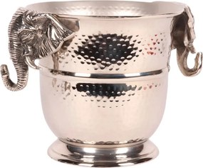 Frapieră pentru vin și șampanie din aluminiu reciclat, argintie, cu mânere în formă de cap de elefant, stil colonial, finisaj ciocănit, 22 x 30 x 24