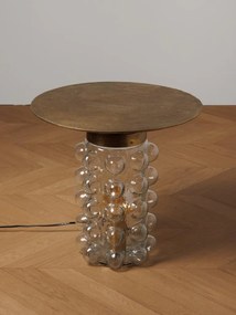 Măsuță laterală iluminată rotundă din metal și sticlă, auriu, cu bază din sticlă cu bule, finisaj antichizat, 45 x 45 cm, „Mirobola”