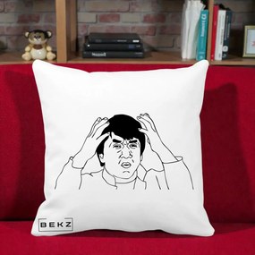 Perna Decorativa Jackie Chan WTF, 40x40 cm, Alba Mata, Husa Detasabila, Perna Inclusa, BEKZ®