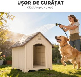 PawHut Căsuță pentru câini de talie medie și mare, ridicată, cu acoperiș înclinat, guri de aerisire și cuie, căsuță din PP, 88x78x89 cm, Bej și Maro Închis | Aosom Romania