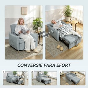 HOMCOM Fotoliu Pat 3 în 1 Pliabil, Spătar Reglabil 3 Poziții, Șezut Spațios, Pernă Detasabilă, Fotoliu Transformabil din Chenille cu Roți și Buzunare, 88x84x87 cm, Gri | Aosom Romania