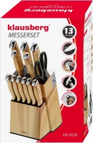 Set de cuțite de bucătărie Klausberg KB 9038, 13 piese, ascuțitor încorporat, oțel inoxidabil, suport, maro