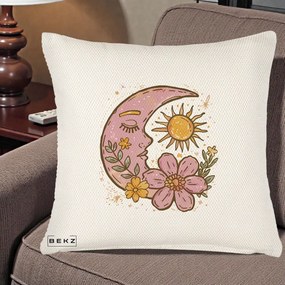 Perna Personalizata Luna si Soare Floral Boho, 40x40 cm, Crem Reliefat, Husa Detasabila, Perna Inclusa, BEKZ®