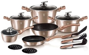 Set oale si tigai marmorate, cu capace, Rose Gold Metalic Line 15 piese Berlinger Haus BH 1224N, antiaderente, design elegant, inductie