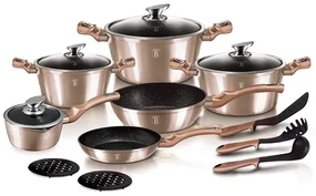 Set oale si tigai marmorate, cu capace, Rose Gold Metalic Line 15 piese Berlinger Haus BH 1224N, antiaderente, design elegant, inductie