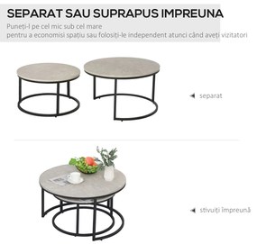 HOMCOM Set 2 Masute de Cafea care se Suprapun, Masute pentru Salon Rotunde din Metal si MDF Efect Marmura, Gri si Negru