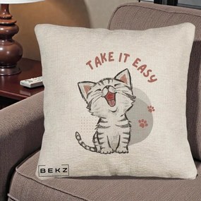Perna Personalizata Take It Easy Cat, 40x40 cm, Bej Canapea, Husa Detasabila, Perna Inclusa, BEKZ®