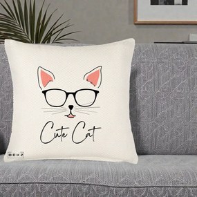 Perna Personalizata Cute Cat cu Ochelari, 40x40 cm, Crem Reliefat, Husa Detasabila, Perna Inclusa, BEKZ®