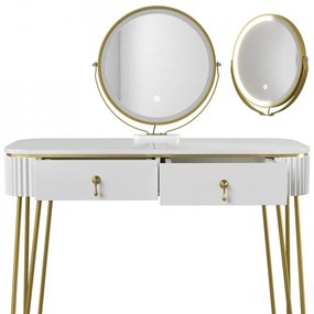 SEA398 - Set Masa toaleta, 100 cm, cosmetica machiaj, oglinda cu LED - Alb Lucios - Auriu