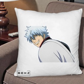 Perna Personalizata Gintama Gintoki Portret cu Zambet, 40x40 cm, Alb Pufos, Husa Detasabila, Perna Inclusa, BEKZ®
