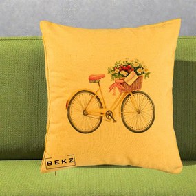 Perna Decorativa Bicicleta Galbena cu Cos de Flori Primavara, 40x40 cm, Galben, Husa Detasabila, Perna Inclusa, BEKZ®