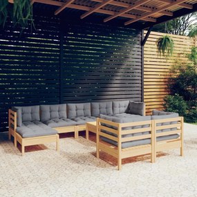 3097132 vidaXL Set mobilier grădină cu perne, 10 piese, gri, lemn masiv pin
