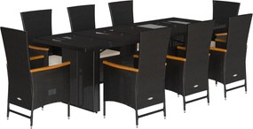 vidaXL Set mobilier de grădină cu perne, 9 piese, negru, poliratan