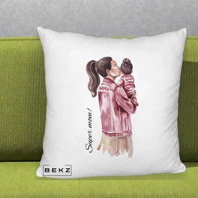 Cadou pentru Mama - Perna Personalizata Super Mom Jachete Roz, 40x40 cm, Alb Pufos, Husa Detasabila, Perna Inclusa, BEKZ®