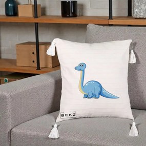 Perna Personalizata Brontosaur Albastru, 40x40 cm, Bej cu Franjuri, Husa Detasabila, Perna Inclusa, BEKZ®