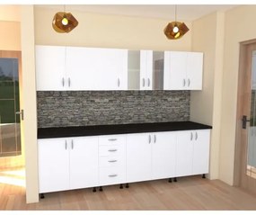 Bucatarie Alfa 2.6 metri PAL alb cu blat Negru