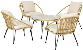 Outsunny Set Grădină din Ratan din 5 Piese, Set de Exterior cu Masă Rotundă și 4 Scaune cu Perne, 82x82x50 cm, Bej | Aosom Romania