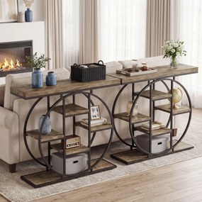 HOMCOM Masă consolă industrială cu rafturi și cadru circular din oțel, 100 x 30 x 81,5 cm, maro rustic | Aosom Romania
