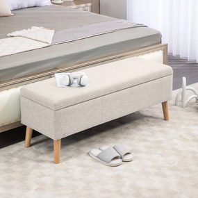 HOMCOM bancă cu spațiu de depozitare 110 x 39 x 45 cm din material cu aspect de in, picioare din lemn de cauciuc, capacitate 220 kg, bej | Aosom Romania