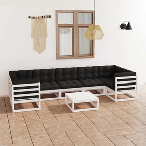 3077310 vidaXL Set mobilier grădină cu perne, 8 piese, alb, lemn masiv de pin