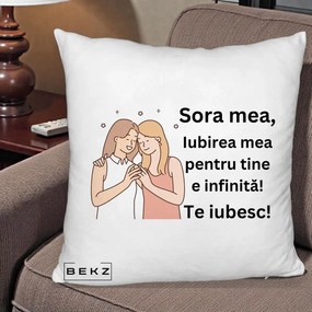 Cadou pentru Sora - Perna Personalizata Sora Mea Te Iubesc Imbratisare cu Sclipiri, 40x40 cm, Alb Pufos, Husa Detasabila, Perna Inclusa, BEKZ®