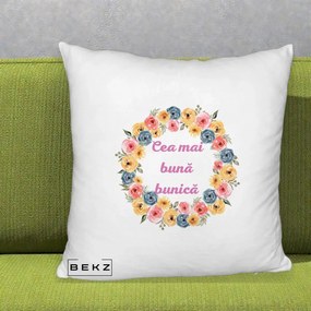 Cadou pentru Bunica - Perna Personalizata Cea Mai Buna Bunica Coronita Flori Multicolore, 40x40 cm, Alb Pufos, Husa Detasabila, Perna Inclusa, BEKZ®